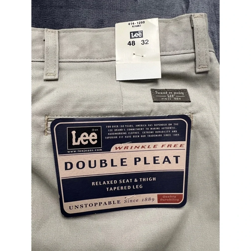 Lee Double Pleat Chino Pants‎ Mens 48x32 Khaki Wrinkle Free Tapered Leg 414-1250